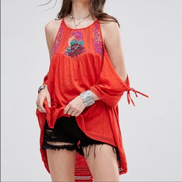 Free People Fast Time Embroidered Beaded Cold Shoulder Top - Picture 1 of 4
